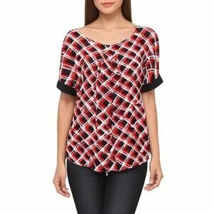 Worthington Blouse Top Geometric Short Sleeve Pleated Scoop Neck Modern Relaxed‎
